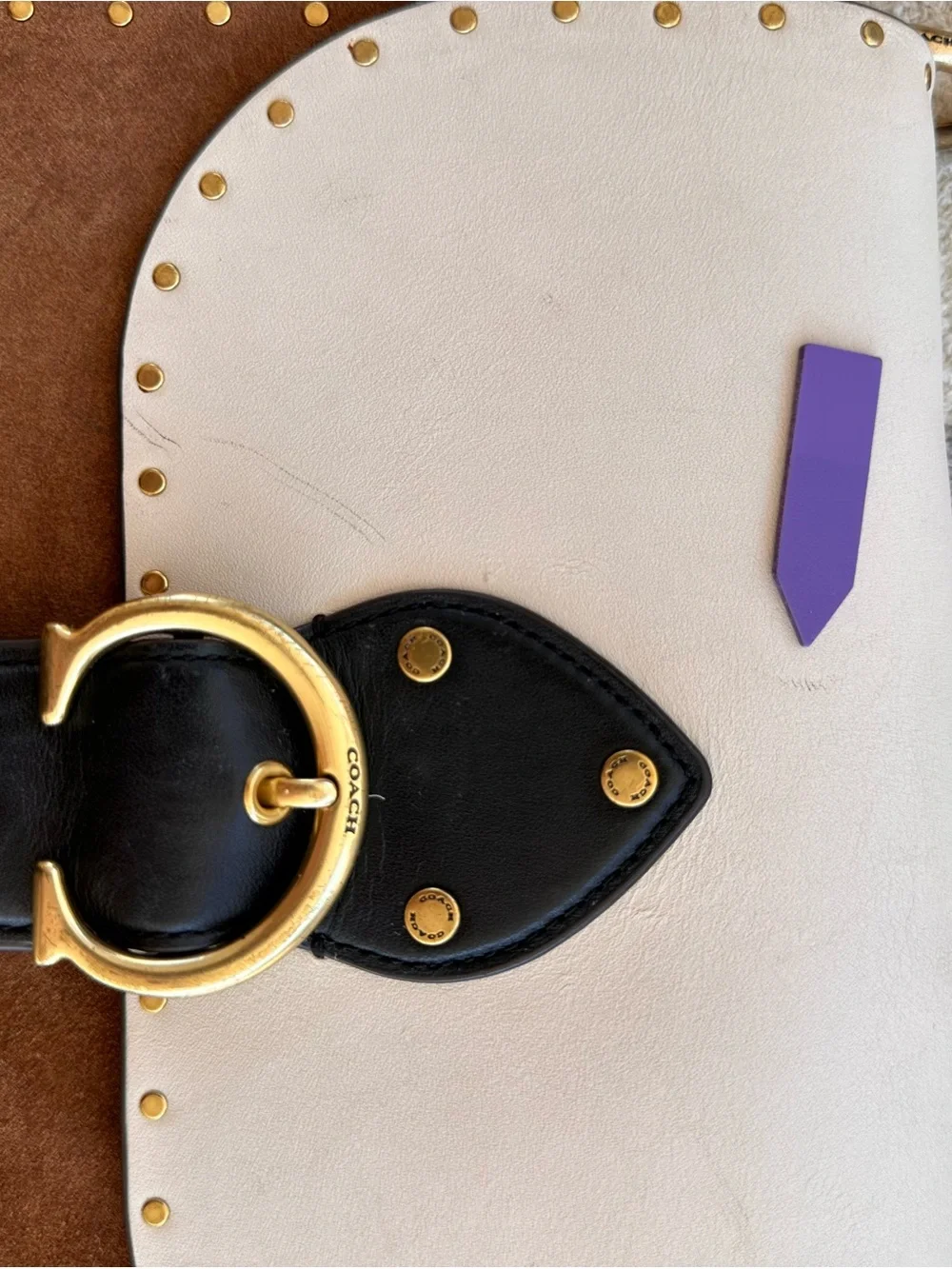 Coach Colorblock Leather Shoulder Bag in White, Brown and Black with Gold Chain